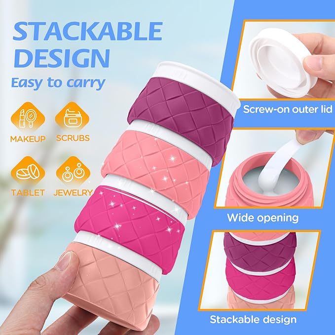 16 Pack Travel Bottles for Toiletries, TSA Approved Travel Size Toiletries Containers Set BPA-Free Silicone Leak Proof Refillable Bottles Stackable Creams Jars Accessories Kit W/Clear Bag Purplish Red