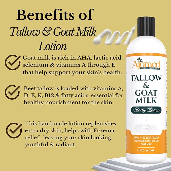 Tallow & Goat Milk Body Lotion for Sensitive Skin, Organic moisturizing Lotion - Soothes Dry skin, Goat Milk face and body Moisturizer - Handmade Tallow for skin cream (12 OZ, Oatmeal & Honey)