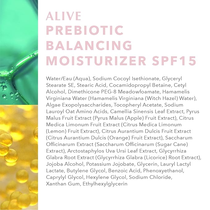 Algenist ALIVE Prebiotic Balancing Moisturizer SPF15 - Moisturizing Mineral Sunscreen for Face, Neck & Chest with Prebiotics & Probiotics - Zinc Oxide Facial Sunscreen (50ml / 1.7oz)