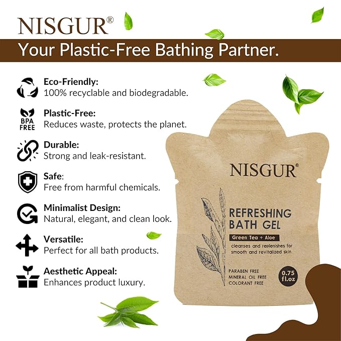 Bulk Travel Size Body Wash 0.75 oz 100 Pack Non Plastic Hotel Bath Gel Kraft Paper Pouch Travel Shower Gel Aloe and Green Tea Extract Infused Hotel Supplies and Toiletries for Guest