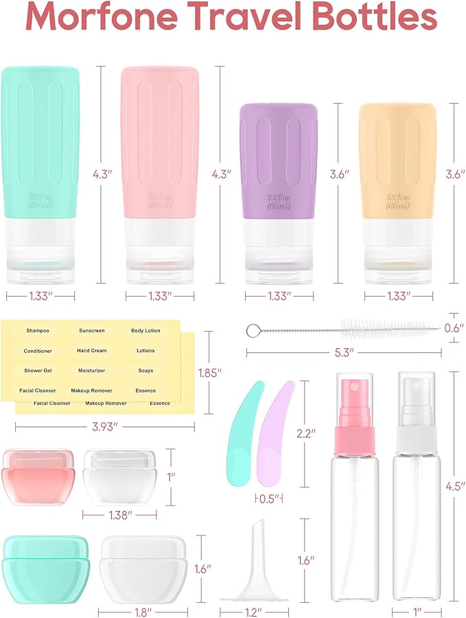 Morfone 16 Pack Travel Bottles Set for Toiletries, TSA Approved Travel Containers Leak Proof Silicone Squeezable Travel Accessories 2oz 3oz for Shampoo Conditioner Lotion Body Wash (BPA Free)