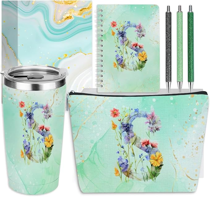 Personalized Gifts for Women Monogrammed Birthday Gifts for Women, Wife Girlfriend Christmas, Initial 20 oz Tumbler, Makeup Cosmetic Bag Cup Pens Journal Notebook 6 Set, (Aesthetic Green Flower S)