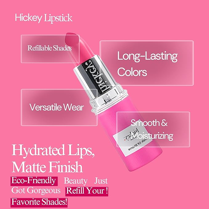 Hickey Lipstick Walk of Shame Organic Hot Pink Lipstick Refill - Long Lasting Lipstick for Women - Hydrating & Moisturizing Shade, Lip Color for Women, Gluten-Free & Vegan with Highly Pigmented