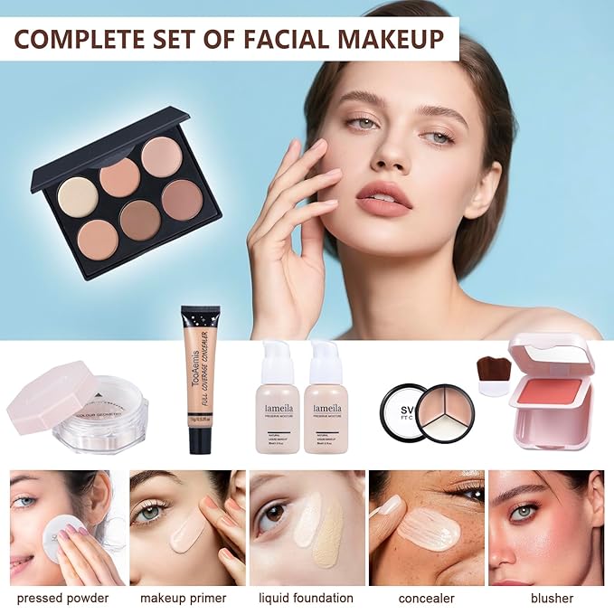 Makeup Kit for Women Full Kit、 Makeup Gift Set for Beginners Teenager,Makeup Sets for Teens、 Multipurpose Makeup ,eyeshadow、 liquid foundation,Loose powder,Eyebrow pencil,4-color lip gloss set