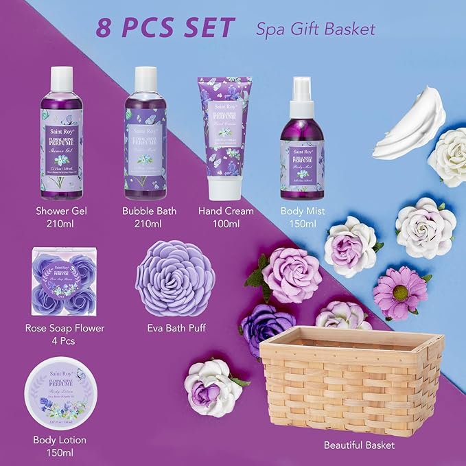Bath & Shower Spa Basket Gift Set, Floral Perfume Scent, with Shower Gel, Bubble Bath,Body Lotion, Bath and Body Gift Box for Women, Self Care Gifts Basket for Her, Birthday Gifts