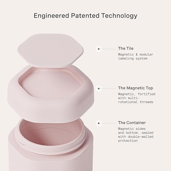 Cadence Travel Containers - Core Skincare Set - Magnetic Containers with Lids,2 Small (0.56oz) & 3 Medium (1.32oz) - Cleanser, Moisturizer, Serum, Makeup Remover & Sun Icon Labels - Petal