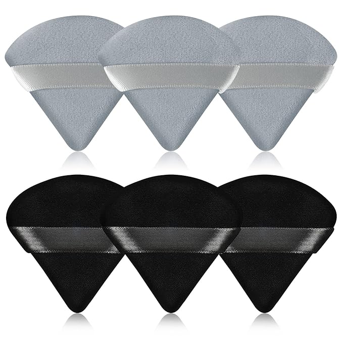 Pimoys 6 Pieces Powder Puff Face Triangle Makeup Blender Sponge Soft Velour Puffs for Loose Powder Setting Powder Cosmetic Foundation Sponge Beauty Makeup Tool, Black and Gray