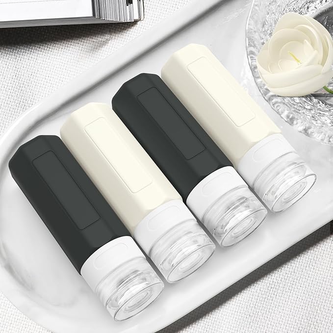 Redfly Travel Bottles for Toiletries, 3oz Tsa Approved Travel Size Containers, BPA Free Leak Proof Containers for Toiletries, Silicone Refillable Essentials for Shampoo Conditioner Black-white