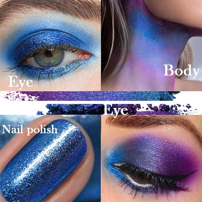 evpct 2Pcs Royal Blue Purple Duochrome Eyeshadow Palette Makeup, Metallic Chameleon Chrome Multichrome Gothic festival Single Eye shadow Palette Makeup for Older Women, Face Glitter Eyeshadow Liquid