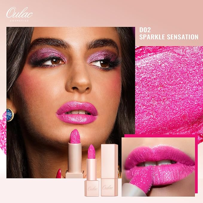 Oulac Pink Shimmer Lipstick for Women, Infinity High Shine Finish, Hydrating Lip Color Infused with Damask Rose Oil for All-Day Comfort, Gluten-Free Vegan Beauty, D02 Sparkle Sensation