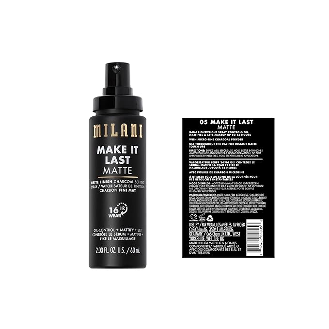 Milani Setting Spray + Primer, Make It Last Matte- Oil Absorbing Charcoal Formula to Control Shine, Matte Finish Setting Spray for Makeup and Primer for Oily Skin, Prime +Correct + Set - 2 Pack