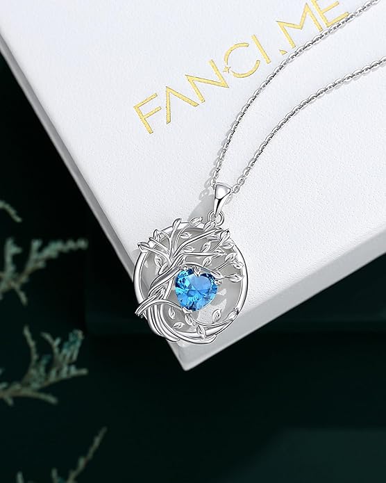 FANCIME Tree of life Birthstone necklace Sterling Silver Pendant Birthstone Necklace Gemstone Anniversary Birthday Jewelry Christmas Gifts for Mom Her Wife
