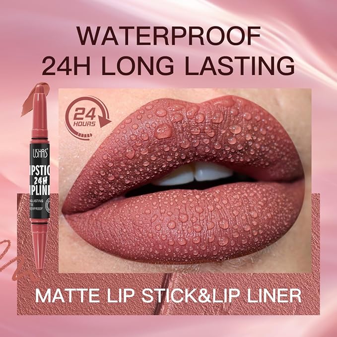 USHAS 3Pcs Lipstick and Lip Liner Combo Set 2 in 1 Makeup Kits Long Lasting and Waterproof Nude Matte Lipstick For Women (Set 1 (01+02+03), 3Pcs)