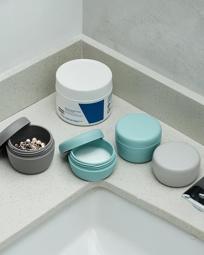 TakeToday Travel Containers for Toiletries, Leak-proof, TSA Approved, Refillable Silicone Cream Jars with Lid Travel Size Essential for Cosmetic toiletry Cream, 2oz, 4 Pack (Gray)