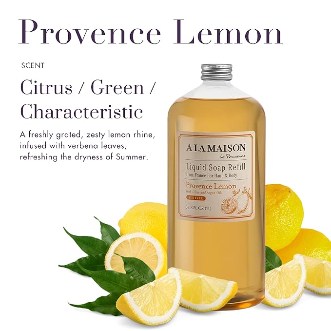 A LA MAISON French Liquid Hand Soap Refill, Provence Lemon - Natural Hand Wash Made with Essential Oils - Biodegradable, Plant-Based, Vegan, Cruelty-Free, Alcohol & Paraben Free (33.8 oz, 1 Pack)