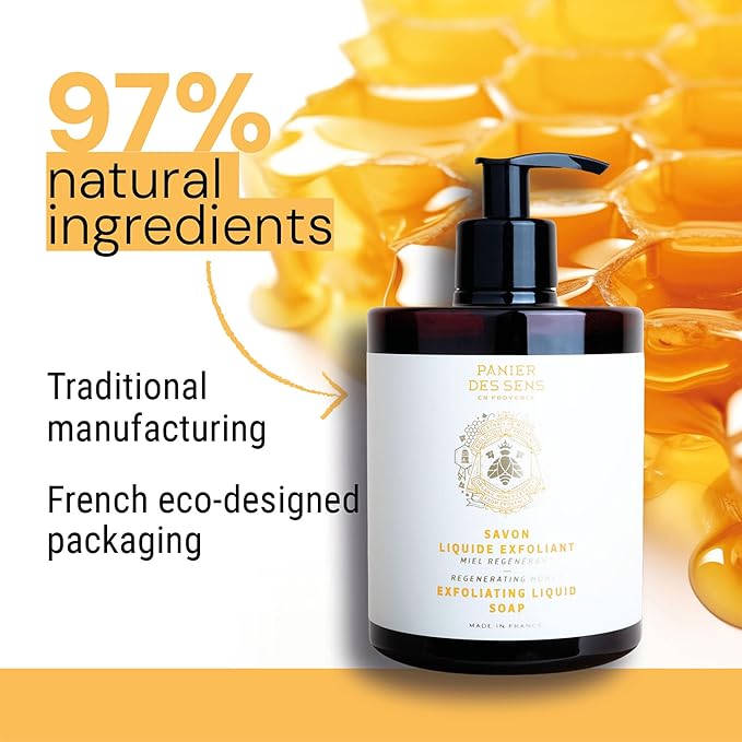 Panier des Sens - Liquid Hand Soap β Honey Exfoliating Hand Wash - French Marseille Moisturizing Soap with Coconut Oil - Refillable Kitchen & Bathroom Hand Soap - 97% Natural Ingredients -16.9 Fl.oz