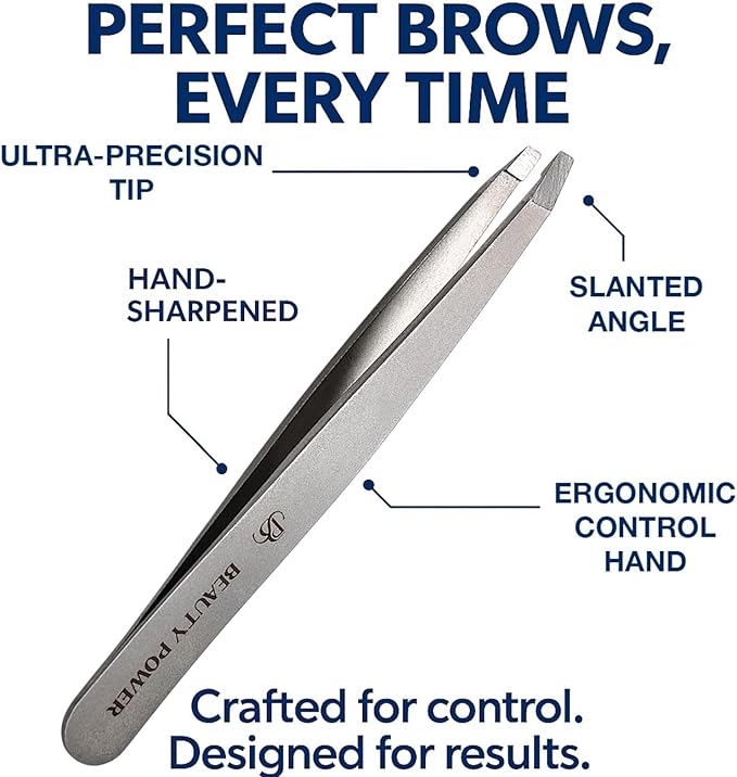 Professional Tweezers in Case - Slant, Durable Lightweight German Stainless Steel, Ultra Precision Tweezers for Eyebrows, Facial Hair, Chin, and Ingrown Hair Removal - Gift (Matte Gray)