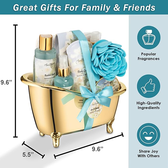 Spa Gift Baskets For Women - Luxury Bath Set With Jasmine & Lavender - Spa Kit Includes Body Wash, Bubble Bath, Lotion, Bath Salts, Body Scrub, Body Spray, Shower Puff, and Towel