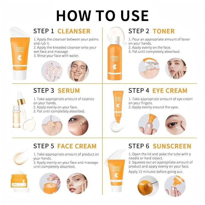 Vitamin C Skincare Set for Face - 6 Piece Kit with Cleanser, Serum, Eye Cream, Moisturizer, Sunscreen & Toner | Brightening, Hydrating & Anti-Aging | Perfect for Teens & Girls | Value Skincare Bundle