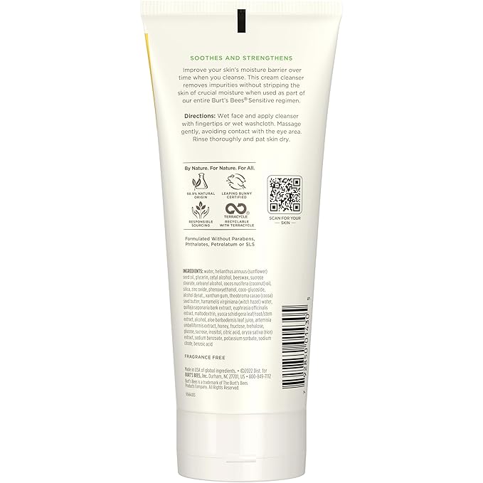 Burt's Bees Gentle Cream Cleanser with Aloe for Sensitive Skin, 98.9% Natural Origin, 6 Ounces