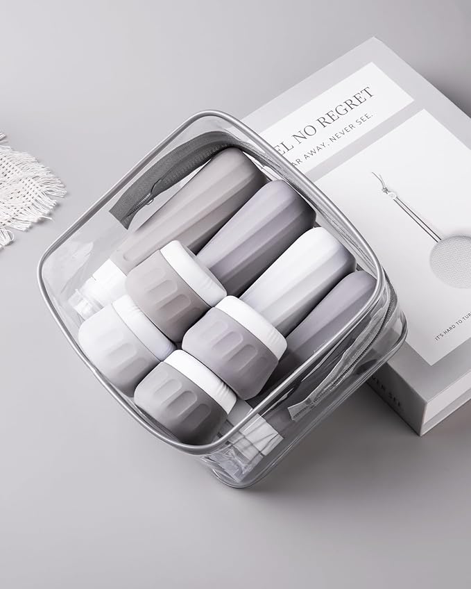 Travel Bottles for Toiletries 8 Pack, Travel Size Toiletries, Tsa Approved Travel Size Containers 3oz, with Travel Essentials Clear Bag, Leak Proof Silicone Squeezable Creams Jars