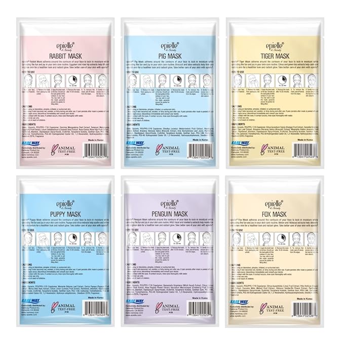 Epielle Animal Character Sheet Masks | Korean Beauty Masks for All Skin Types | Pack of 6 | Face Mask, Birthday Party Gift, Girls' Night, Spa Day, Spa Night | Korean Skincare, Spa Gifts for Women