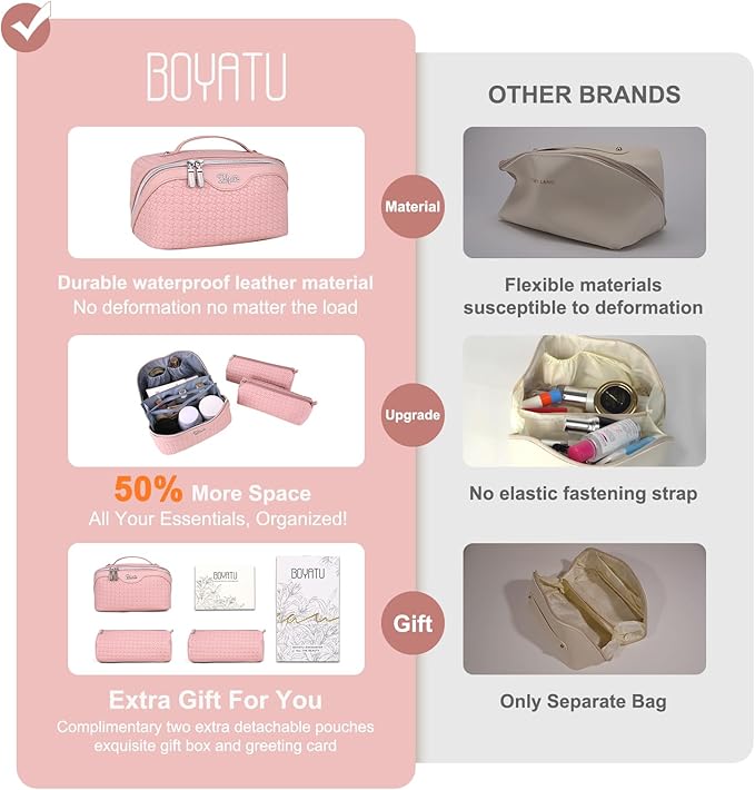 BOYATU Travel Makeup Bags for Women: 3 Set Make up Bags with Compartments - Large Cosmetic Bag - Vegan Leather Makeup Organizer for Traveling (L17 Pink)