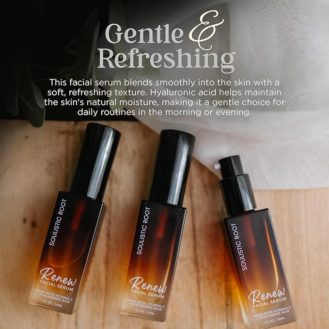 Renew Facial Serum w/Vitamin C & Hyaluronic Acid – Skincare Blend for Face, Sensitive Skin, Brightening Care, Vitamin C Serum for Dark Spots & Even Tone – 1 oz Bottle
