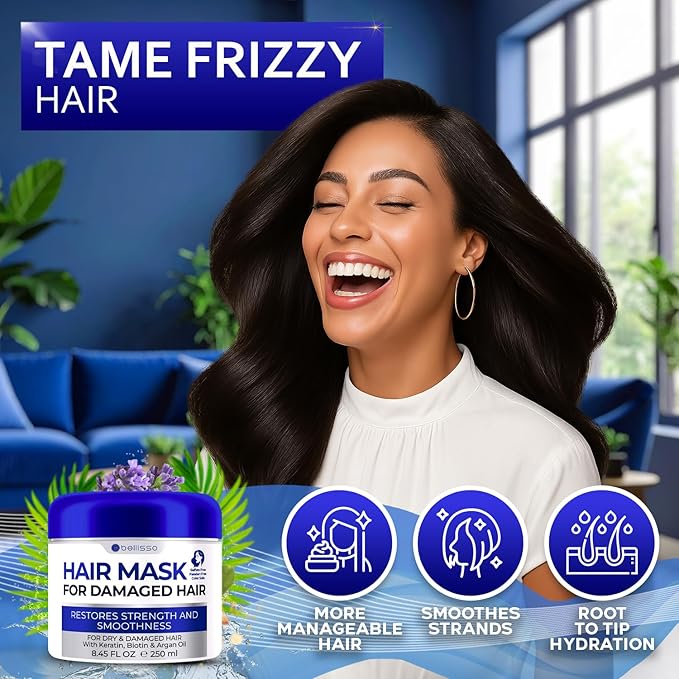 BELLISSO Hair Mask for Damaged Hair - Deep Conditioning and Moisturizing Repair Treatment for Dry Split Ends and Breakage - Hydrating Moisturizer Products for Women and Men - 8.45 Fl Oz