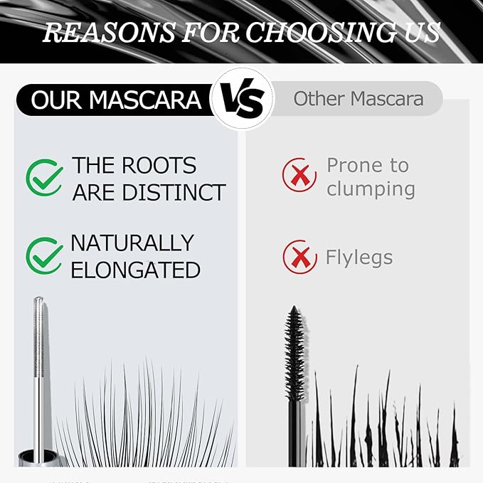 Black Washable Metal Mascara Wand, Waterproof Iron Wand Mascara Tubing, Natural Length Slim Volume Buildable Formula, Separated Lashes, Long Lasting Smudge-Proof No Flaking Tint