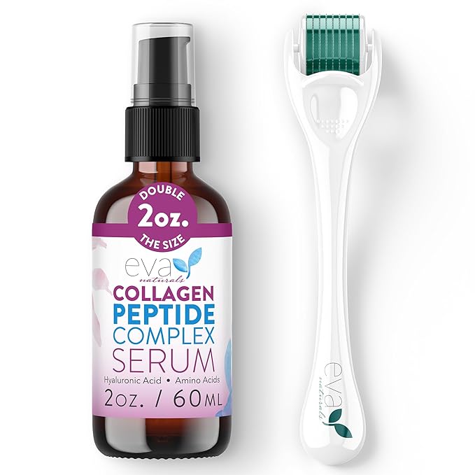 Eva Naturals Peptide Complex Serum + Microneedle Derma Roller - 0.25mm Titanium Derma Tool for Face & Scalp with Peptide Facial Serum & Derma Roller Bundle