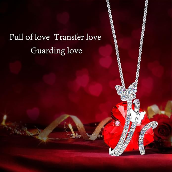 ASELFAD Butterfly Love Heart Pendant Necklace with Crystals, Anniversary Birthday Jewelry for Women Mom Grandma Wife Girlfriend