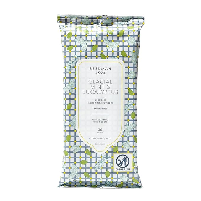 Beekman 1802 Glacial Mint & Eucalyptus Face Wipes - 30-Count - Scented - Cleanses, Nourishes & Hydrates - With Goat Milk, Aloe Vera & CoQ10 - Good for Sensitive Skin - Cruelty Free