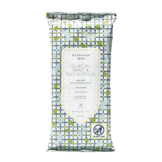 Beekman 1802 Glacial Mint & Eucalyptus Face Wipes - 30-Count - Scented - Cleanses, Nourishes & Hydrates - With Goat Milk, Aloe Vera & CoQ10 - Good for Sensitive Skin - Cruelty Free