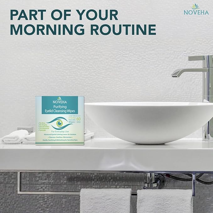 NOVEHA Eyelid & Lash Wipes | For Itchy, Dry Eyes, Styes & Blepharitis | lid and lash Cleansing Wipes, Hypoallergenic & Soothing For Sensitive Eyes, Pack of 60