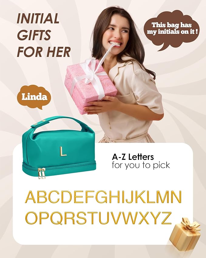 Women Presents Teacher Gifts, Personalized Makeup Bag with Handle, Initial Double Layer Cosmetic Bag with Makeup Brush Organizer, Cute Cosmetic Pouch for Women, Gift for Friends Female Mom