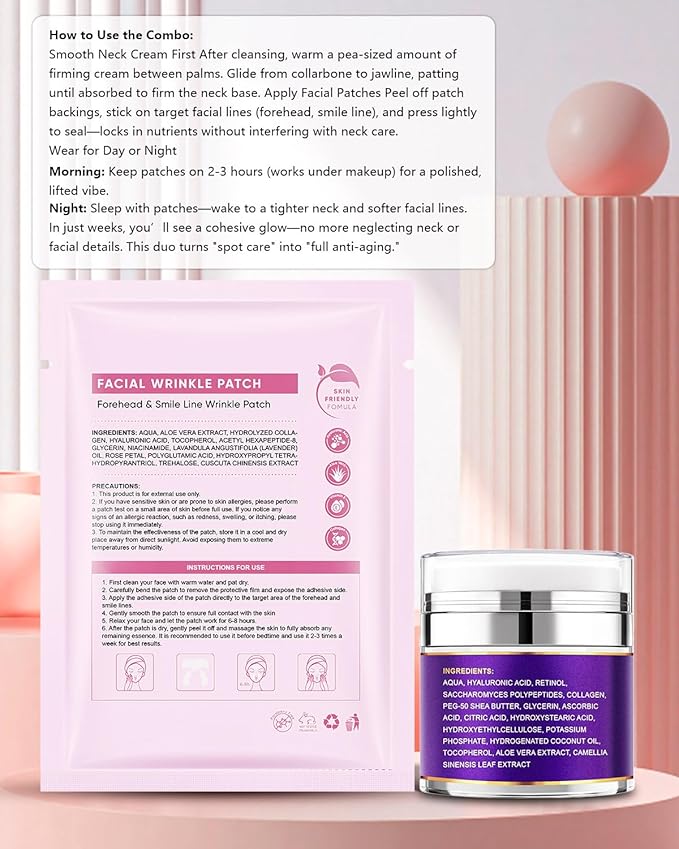 Forehead Wrinkle Patches & Smile Line Patches, Overnight Facial Wrinkle Treatment with Hyaluronic Acid, Aloe, Collagen & Vitamin E to Lift Smile Lines for Women 36pcs with Neck Firming Cream