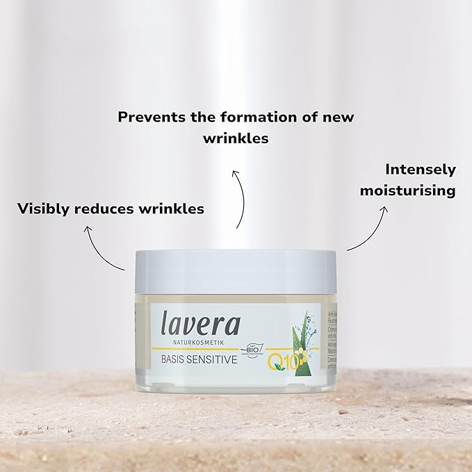 lavera Basis Sensitive Anti Wrinkle Moisturizing Cream - Face Cream with Q10 & Aloe Vera - Moisturizing Facial Cream - Anti Aging Cream - PETA Certified - Vegan - Made in Germany - 1.7 Fl Oz