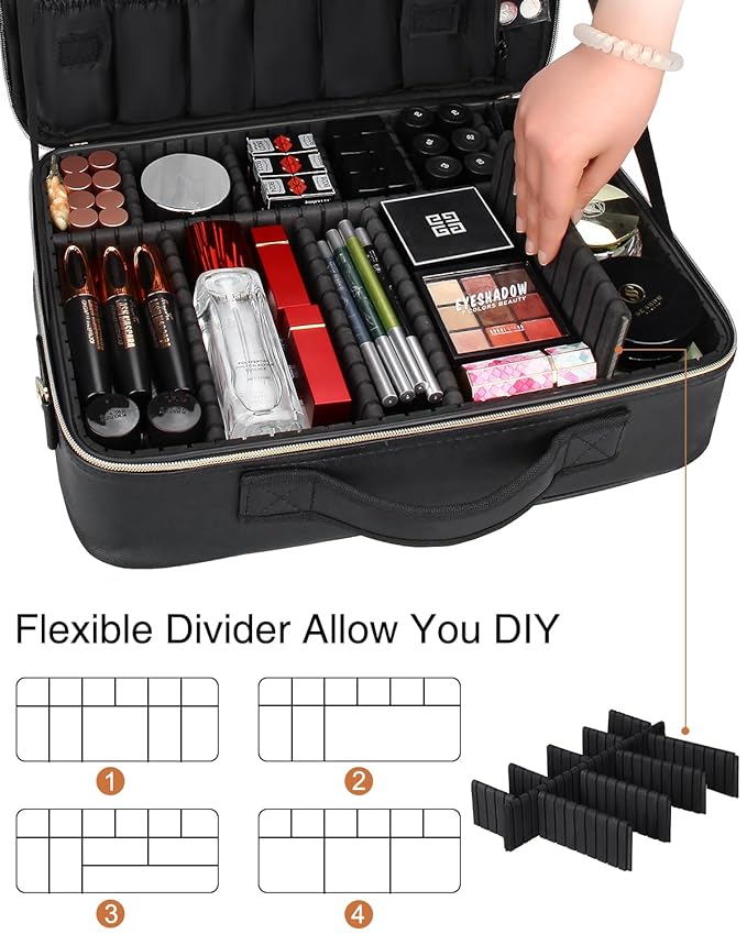 MONSTINA Large Makeup Travel Case Bag,Professional Makeup Artist Train Case with Brush organizer,Large Capacity Cosmetic Bag with Zipper Pocket and Adjustable Compartment(PU Leather Black)