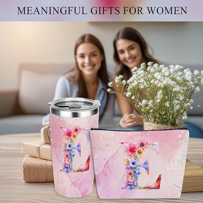 Personalized Gifts Monogrammed Birthday Gifts for Women, Daughter Bestie Friendship Christmas Initial 20 oz Tumbler, Makeup Bag Cup Ballpoint Pens Journal Notebook 6 Set, (Aesthetic Pink Flower E)