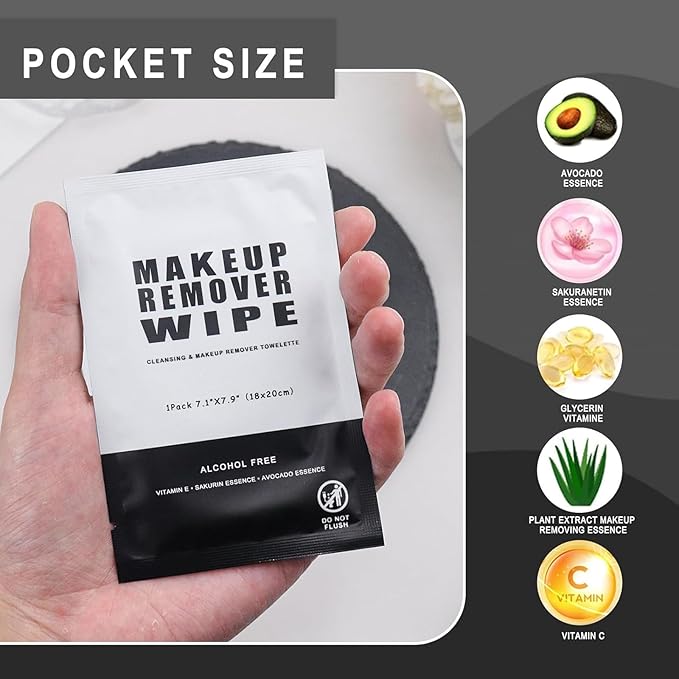 50 pcs Makeup Remover Wipes Bulk Individually Wrapped Makeup Wipes Single Makeup Remover Cloth Facial Cleansing Pads for Mascara Lipstick Oil Dirt Face Skin Travel Hotel (Black)