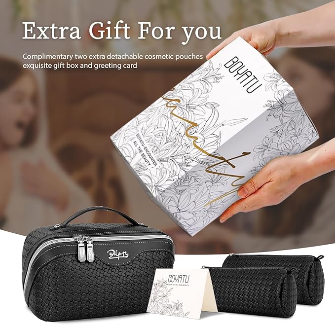 BOYATU Travel Makeup Bags for Women: 3-Set Large Capacity Make up Bags with Compartments - PU Leather Cosmetic Bag for Traveling (L15 Black)