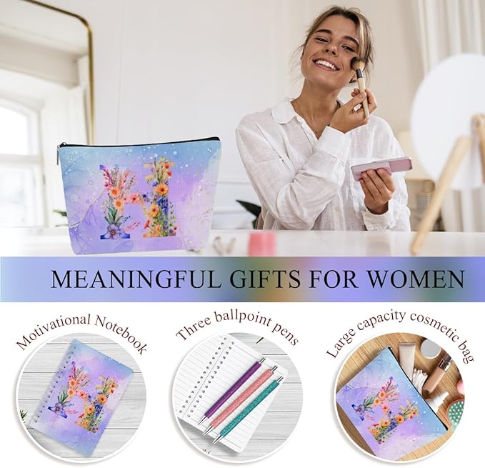 Personalized Gifts Monogrammed Birthday Gifts for Women, Bridesmaid Bachelorette Party Christmas Initial 20 oz Tumbler, Makeup Bag Cup Ballpoint Pens Journal Notebook 6 Set (Aesthetic Purple Flower H)