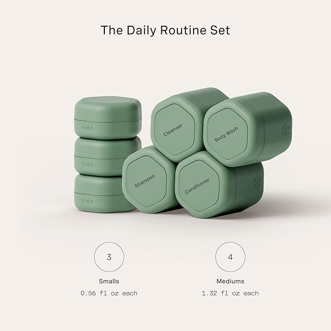Cadence Travel Containers - Daily Routine Capsule Set - Magnetic Containers with Lids,4 Flex Mediums (1.32oz) & 3 Flex Smalls (0.56oz) - Shampoo, Conditioner, Body Wash, Pills, & More - Eucalyptus