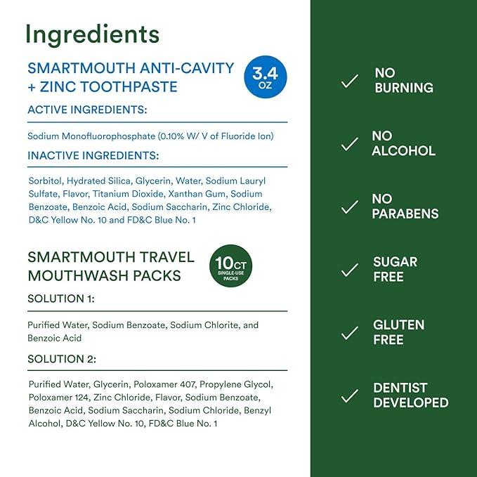 SmartMouth TSA Approved Travel Toothpaste & Oral Rinse - SmartMouth Original Activated Oral Rinse Packs & Travel Size Premium Toothpaste, 3.4 Ounce