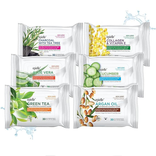 Epielle Makeup Remover Wipes, Remove Dirt, Oil, Waterproof Mascara, Gentle Daily Facial Cleanser Towelettes with Collagen, Tea Tree & Aloe Vera, Hypoallergenic & Alcohol-Free, 30 Count (Pack of 6)