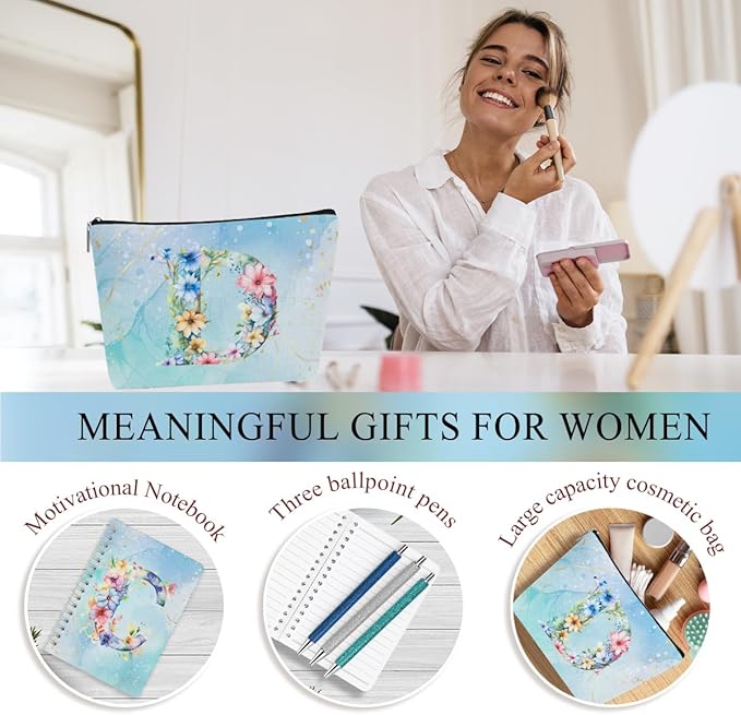 Personalized Gifts Monogrammed Birthday Gifts for Women, Boss Teacher Appreciation Christmas Initial 20 oz Tumbler, Makeup Bag Cup Ballpoint Pens Journal Notebook 6 Set, (Aesthetic Blue Flower D)
