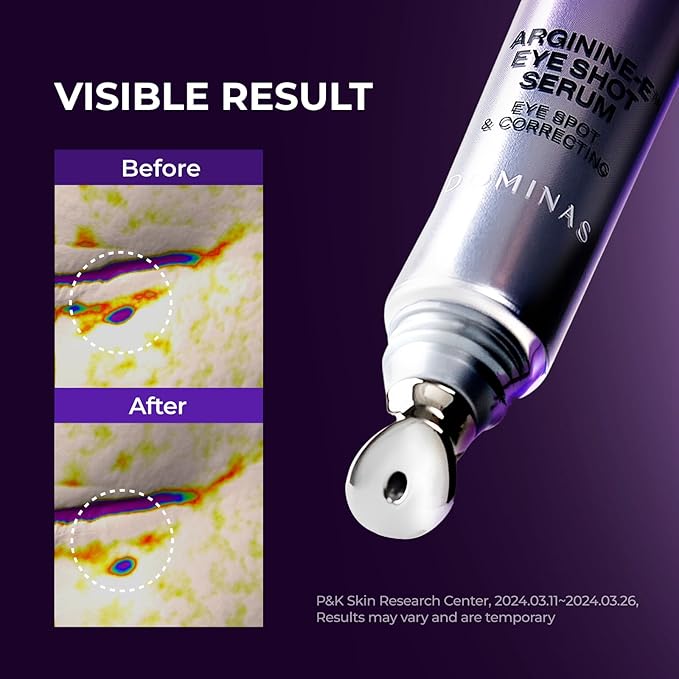 Atclinic DOMINAS Caffeine Eye Serum with Arginine-E & Vitamin E – Korean Eye Gel for Puffiness, Dark Circles, Fine Lines | Cooling Guasha Metal Tip (0.67 fl oz)