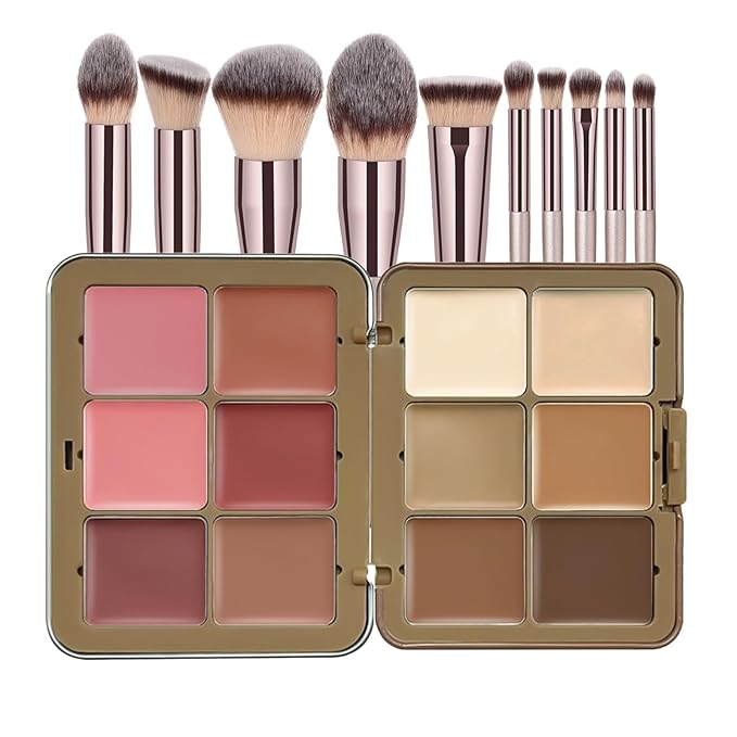 12 Colors Makeup Palette & Brush Set, Professional Eyeshadow, Blush, Highlighter, Contour Kit with 10 Champagne Gold Brushes, Cruelty-Free, Vegan, Travel-Friendly, for Beginners Pros