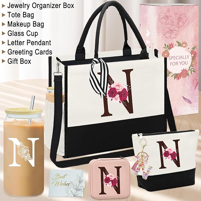 Birthday Gifts for Women,Initial Canvas Tote Bag,Monogrammed Gift for Women,16oz Initial Glass Cup,Makeup Bag with Zipper,Jewelry Organizer Box,Personalized Gifts for Mom-N